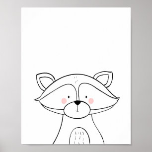 Raccoon Woodland Nursery Wall Art Monochrome Poster
