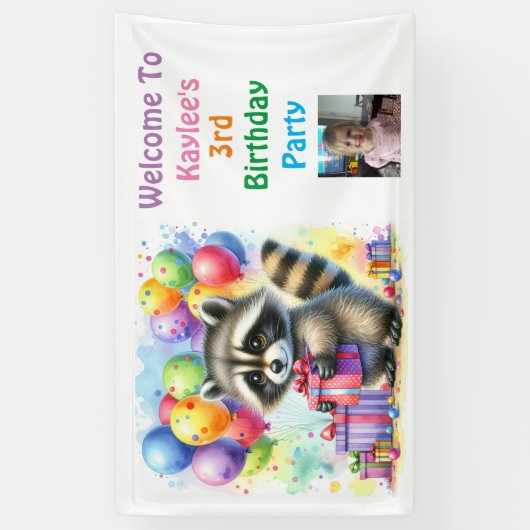 Raccoon Woodland thema verjaardag gepersonaliseerd Spandoek (Verticaal)