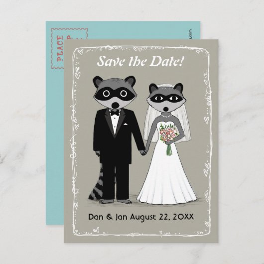 Raccoons Bruiloft Bewaar de Datum (Warm Grijs) Aankondigingskaart (Voorkant / Achterkant)