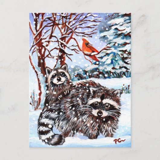 Raccoons in de sneeuw briefkaart (Voorkant)