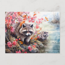 Raccoons  near autumn pond scene