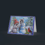 Raccoons Snowman Cardinal Bland Wenskaart Kaart<br><div class="desc">Zo'n winter plezier onder vrienden. Verse sneeuw vraagt om een sneeuwpop. Afbeelding uit mijn originele kunst.</div>