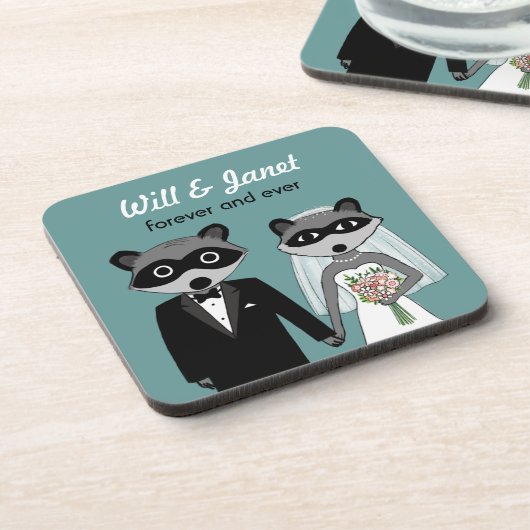 Raccoons Weddenschap en bruid met aangepaste tekst Onderzetter (Linkerzijde)