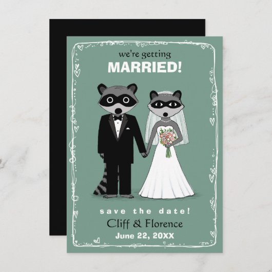 Raccoons Wedding Save the Date Blauwgroen (Voorkant / Achterkant)