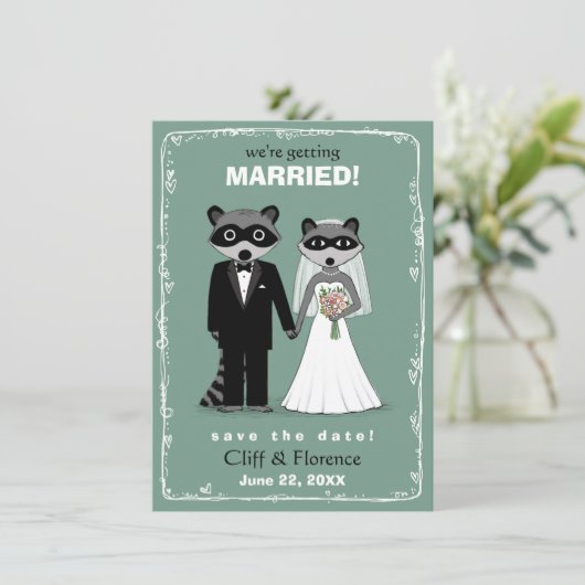 Raccoons Wedding Save the Date Blauwgroen (Staand voorkant)