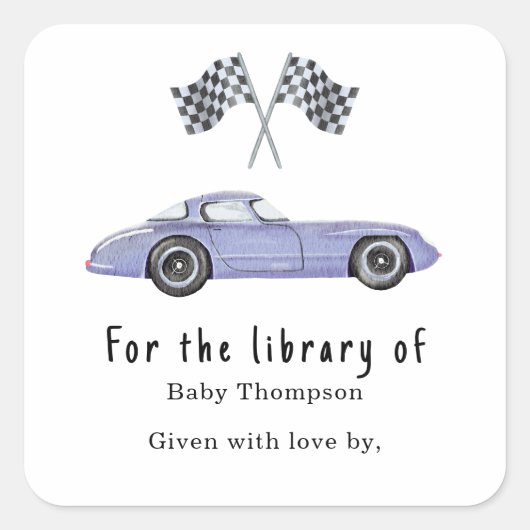 Race auto - baby shower Bookplaat Vierkante Sticker (Voorkant)