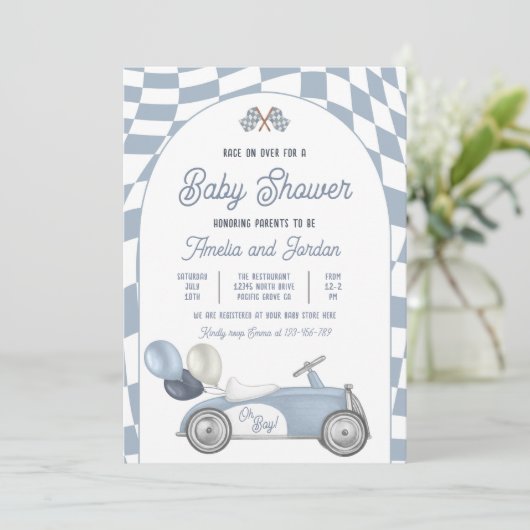 Race auto Baby shower Boy Blue Race autodouche Kaart (Staand voorkant)