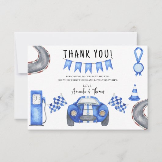 Race auto Baby shower - dank u Bedankkaart (Voorkant)