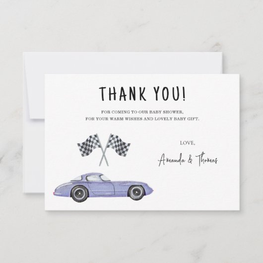 Race auto Baby shower - dank u Bedankkaart (Voorkant)