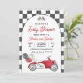 Race auto Baby shower jongen rode race auto douche Kaart (Staand voorkant)