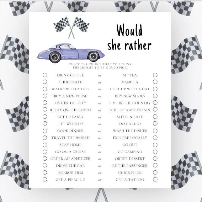 Race auto baby shower Wil ze liever spel (Creator heeft geüpload)