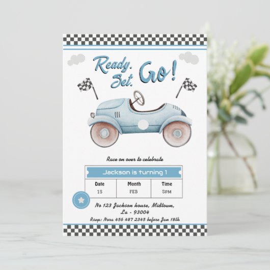 Race Auto blauw  Klaar voor 1e verjaardag Kaart (Staand voorkant)