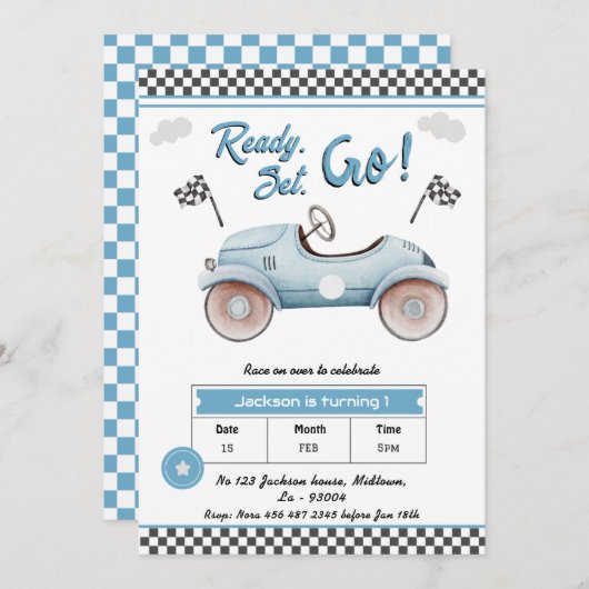 Race Auto blauw Klaar voor 1e verjaardag Kaart (Voorkant / Achterkant)