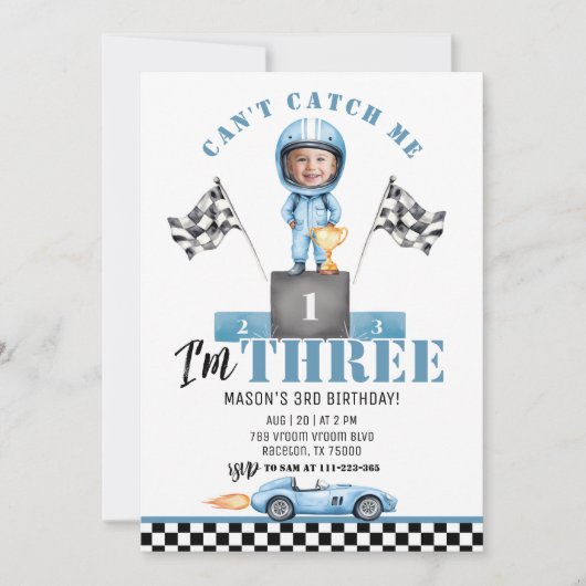 Race auto Blue Boy 3rd Verjaardag Racer Foto Kaart (Voorkant)
