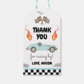 Race auto dank u blauw racen blauwe jongen verjaar cadeaulabel (Voorkant)