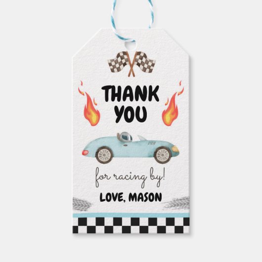 Race auto dank u blauw racen blauwe jongen verjaar cadeaulabel (Voorkant)