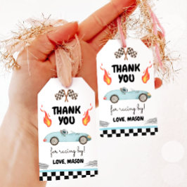 Race auto dank u blauw racen blauwe jongen verjaar cadeaulabel