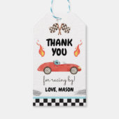 Race auto dank u blauw racen rode jongen verjaarda cadeaulabel (Voorkant)