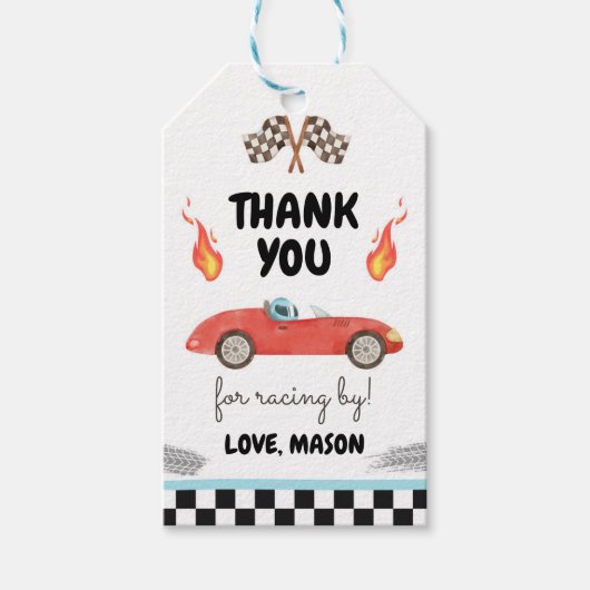 Race auto dank u blauw racen rode jongen verjaarda cadeaulabel (Voorkant)