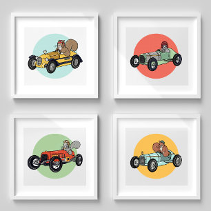 Race Auto Eekhoorns   Schattigee Kinder Kamer Art Muurkunst Sets