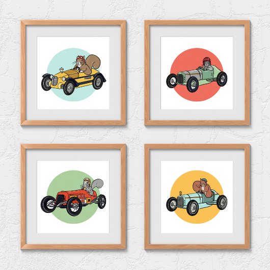  Race Auto Eekhoorns | Schattigee Kinder Kamer Art Muurkunst Sets