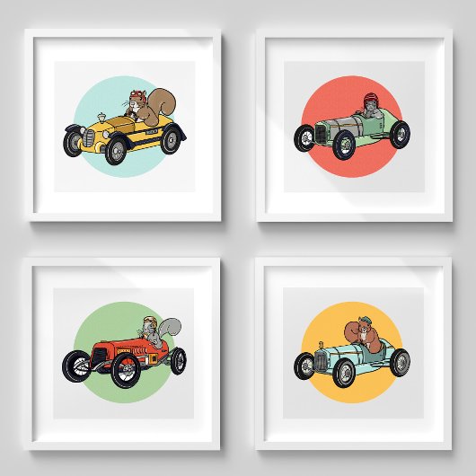  Race Auto Eekhoorns | Schattigee Kinder Kamer Art Muurkunst Sets
