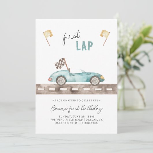 Race Auto Eerste ronde Verjaardag Uitnodiging (Staand voorkant)