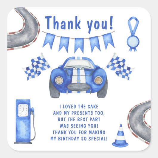 Race Auto Eerste Verjaardag Party Dank u Vierkante Sticker (Voorkant)