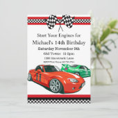 Race auto, elke leeftijd, verjaardag uitnodiging (Staand voorkant)