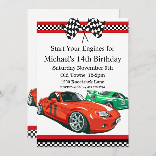 Race auto, elke leeftijd, verjaardag uitnodiging (Voorkant / Achterkant)