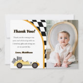 Race auto geel verjaardagsfeestje dank u kaart (Voorkant)