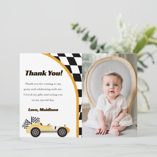 Race Auto Gele Verjaardagsfeest Dankuwelkaart Kaart (Staand voorkant)