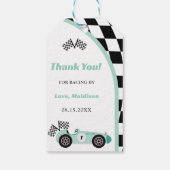 Race auto groen verjaardagsfeestje cadeaulabel (Achterkant)