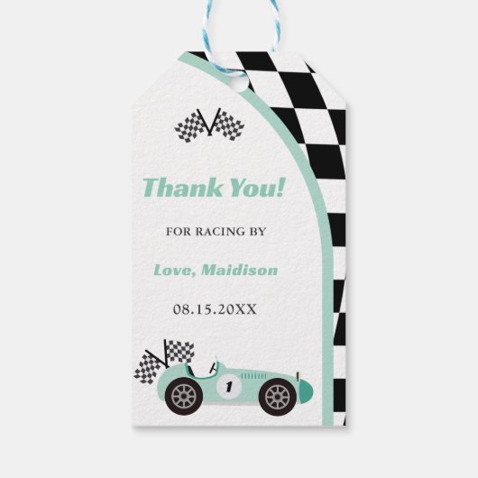 Race auto groen verjaardagsfeestje cadeaulabel (Achterkant)