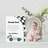 Race auto groen verjaardagsfeestje dank u kaart (Staand voorkant)