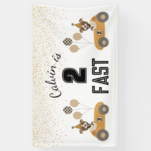 Race auto hond twee snelle verjaardag partij spandoek (Verticaal)