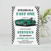 Race auto jongen 1e verjaardag kaart (Staand voorkant)