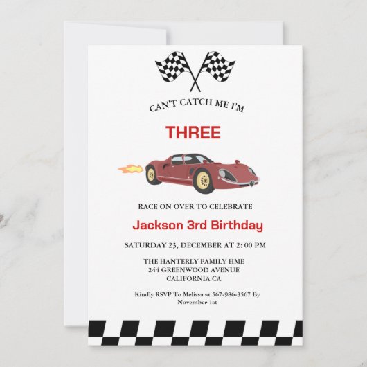 Race auto jongen 3e verjaardag partij kaart (Voorkant)