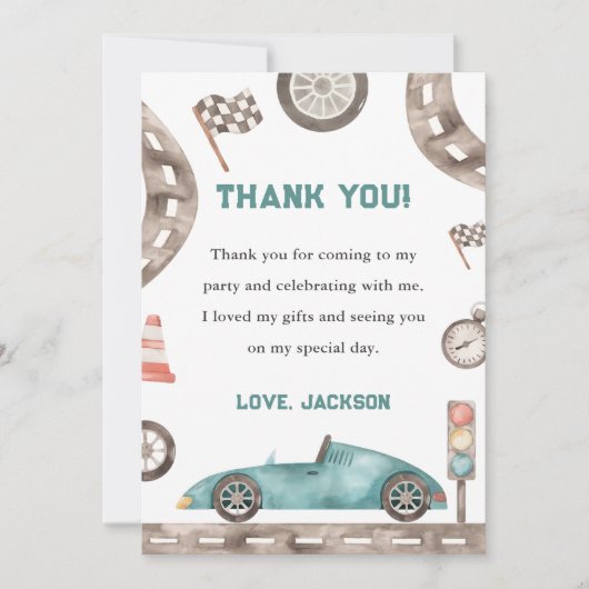 Race auto jongen verjaardagsfeestje dank u kaart (Voorkant)