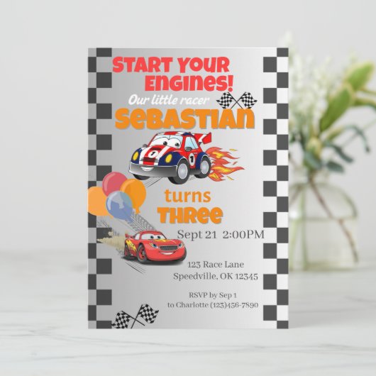 Race auto Kids Verjaardag uitnodiging (Staand voorkant)