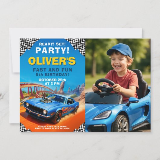 Race auto kinderen verjaardagsfeestje ontwerp kaart (Voorkant)