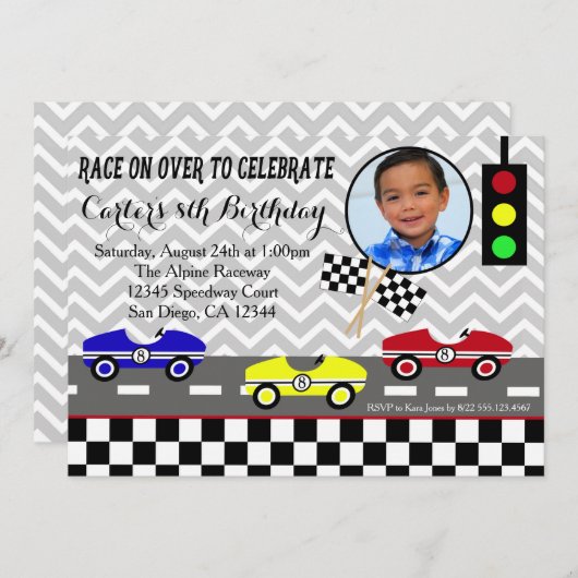 Race Auto Racecar Boy Verjaardag Uitnodiging (Voorkant / Achterkant)