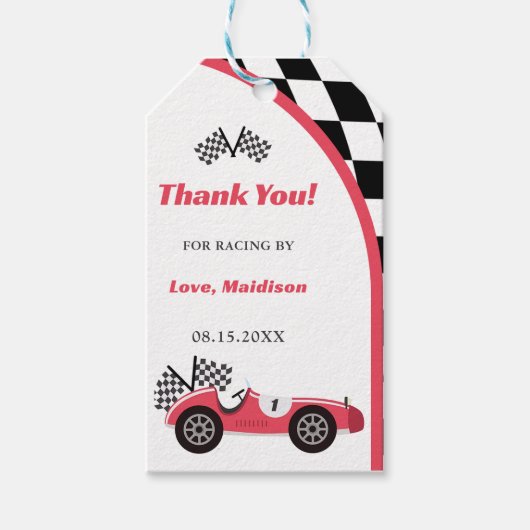 Race auto rood verjaardagsfeestje cadeaulabel (Voorkant)