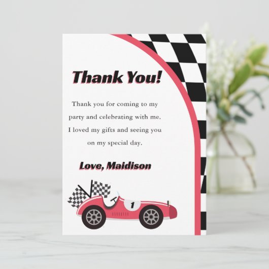 Race auto rood verjaardagsfeestje dank u kaart (Staand voorkant)