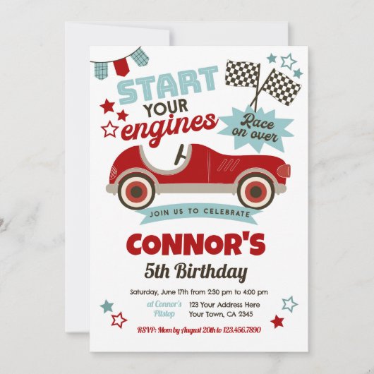 Race auto thema feest kaart (Voorkant)