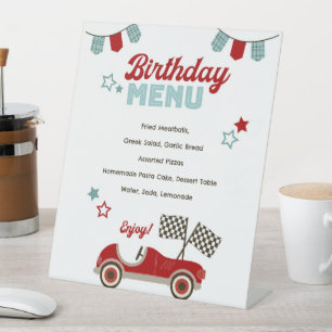 Race auto thema menu reclamebord met voetstuk