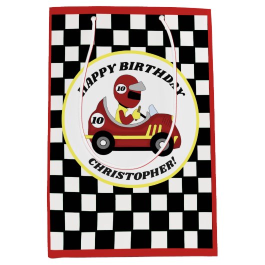 Race auto thema verjaardagsfeestje gepersonaliseer medium cadeauzakje (Voorkant)