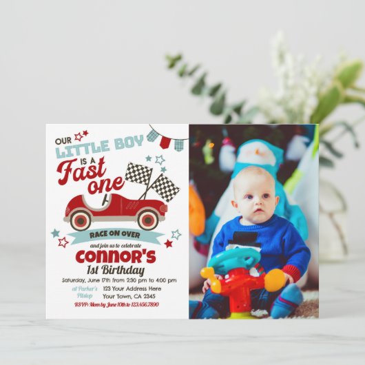 Race auto Theme Party uitnodiging voor 2e verjaard (Staand voorkant)