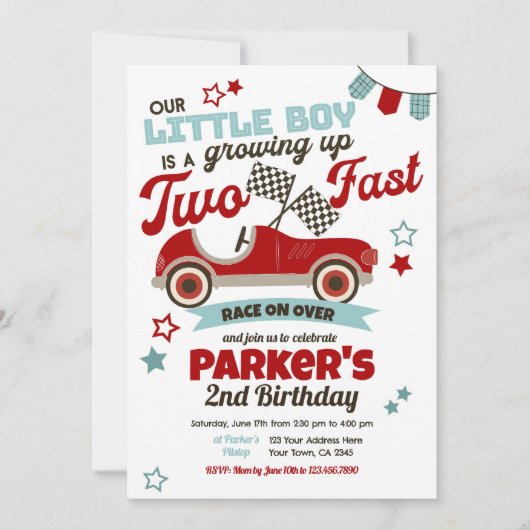 Race auto Theme Party uitnodiging voor 2e verjaard (Voorkant)