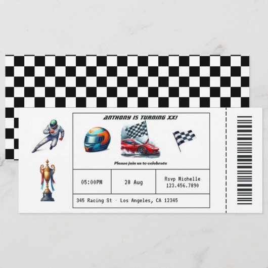 Race Auto Ticket Verjaardagsfeestje Kaart (Voorkant / Achterkant)